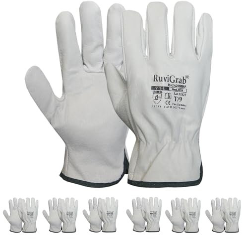 RuviGrab - Pack 6 pares - Guante de Trabajo Piel, Guantes jardin, Guantes Cuero, Guantes para Obra, Guante trabajo hombre y mujer