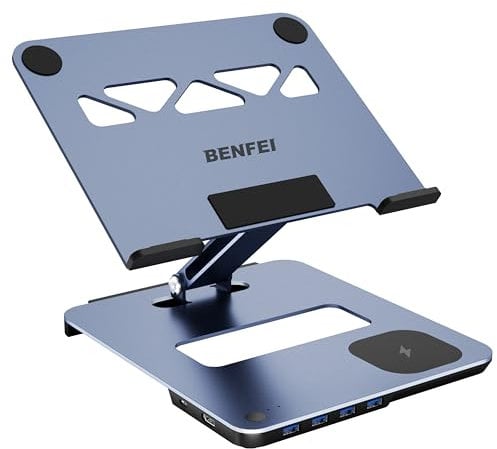 BENFEI Support Ordinateur Portable avec Docking Station USB C 6in1, Chargeur Magsafe 15W sans Fil, commutateur KVM USB 3.0, HDMI 4K@60Hz, 4*USB3.0, 100W PD Compatible avec MacBook Pro/Air