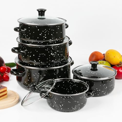 SANON 5pcs Enamelware Pot Set, Non Stick Soup Pots and Pans Set with Stay Cool Handles 5pcs Kitchen Cookware with Lids Enamel Stockpot Stew Pot Cooking Pot for All Stove, Black