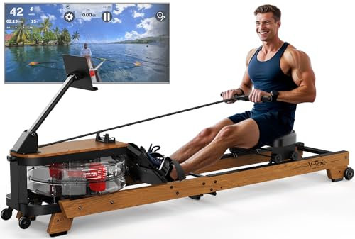 VOWVIT Rudergerät für Zuhause Rudergerät Wasser aus Holz:Rudergerät Klappbare mit Bluetooth Monitor & Tablet-Halter, Komfort-Sitz, bis 180 kg Belastbar (Massivholz)