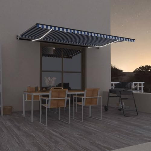IKAYAA Elektrische Gelenkarmmarkise 500 x 300 cm, mit LED, Markise, Sonnenmarkise, Sonnenschutz, Terrassenmarkise, Klemmmarkise, Blau und weiß