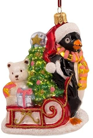 Glas Christbaumschmuck mundgeblasen handbemalt in Europa | Weihnachtsbaum Anhänger für Weihnachten | Christbaumanhänger | Weihnachtsbaumschmuck (Pinguin mit Schlitten 10,5 cm)