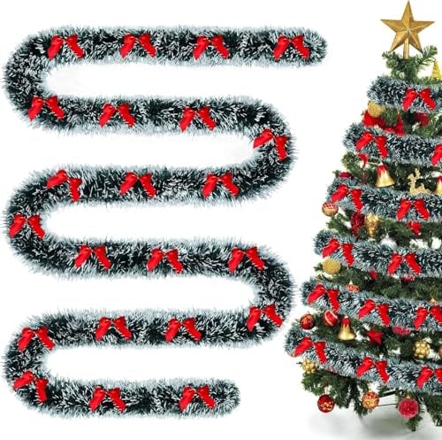 LATERN 10M Weihnachts Lametta Girlande mit 12 Schleifen, Grüne Dicke Metallic Girlande Klobiges Glitzerndes Lametta für Christmas Baum Winter Hochzeit Geburtstag Feiertage Party Dekoration