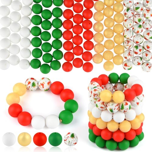 ASTARON 100 Stück 15 mm Silikonperlen für Schlüsselanhänger, Grün, Rot, Gold, Rundperlen, Großpackung für Weihnachtsarmbänder, Basteln, Schmuckherstellung, Weihnachtsgeschenkideen, Dekorationen
