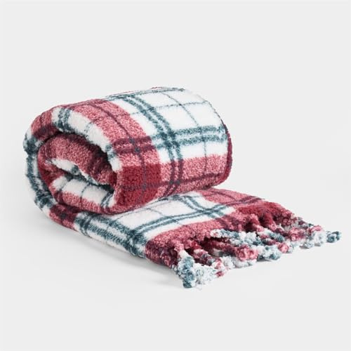 OHS Christmas Blanket Throws for Sofa, Xmas Decorations Ultra Soft Warm Tartan Check Tassel Sherpa Fleece Blanket for Bed Settee Christmas Throw Single Bed Throws, Red/Green - 120 x 150cm
