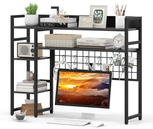 COSTWAY Desktop Bookshelf, Home Office Countertop Storage Hutch Bookcase with 4 Open Shelves, Grid Panel and Anti-tip Device, 4-Tier Desktop Display Rack for Computer Monitor Up to 32” (Black)