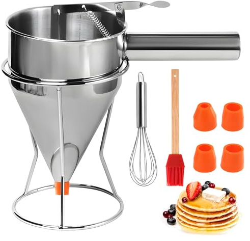YOFAPA 40 oz Stainless Steel Batter Dispenser, 1.2 L Pancake Batter Dispenser with Stand, Batter Funnel with 4 Nozzles, Brush, Whisk, for Cupcake, Waffle, Crepes, Baking, Breakfast Prep