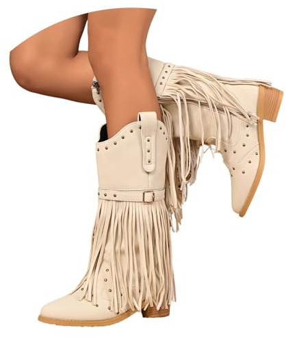 LDXEQIZ Hohe Stiefel Mit Fransen Damen Western Cowboy Stiefel Mit Blockabsatz PU-Leder Langschaft Boots Mit Reißverschluss Fashion Reitstiefel Mit Niet Herbst Winter Schuhe Für Konzert