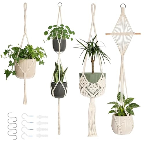 HUKUMA 4er Set Makramee Blumenampel Hängend Innen, Boho Deko Blumenampel Makramee mit Haken, Baumwollseil Blumentopf Hängend mit Quasten, Hängetopf für Zimmer, Garten, Balkon, Fenster