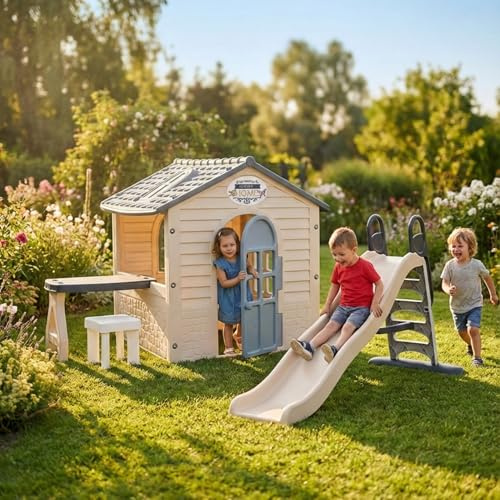 Spielhaus Kinder Outdoor mit Rutsche ab 1 Jahr 175x120x120,5 cm - Sicheres und Stabiles Kunststoff Gartenhaus Klein Wetterfest - Garten Spiel Haus für Draußen - Kinderspielhaus Einfache Montage