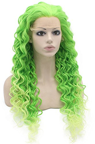 Peluca larga rizada de dos tonos verde sintético de encaje frontal de cosplay
