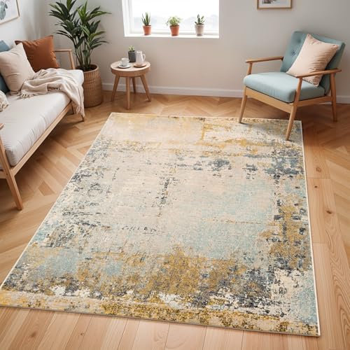 Livabliss Lublin Wohnzimmer Teppich modern – Abstrakt Design in Marmor Optik für Wohnzimmer 200x274 cm, Esszimmer, Schlafzimmer - Marmor Teppich groß, weicher Teppich Kurzflor in Beige, Gelb, Grau