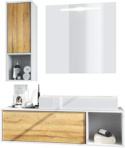 Vladon Badmöbel Komplettset La Costa, Made in Germany, Korpus in Weiß matt/Fronten in Eiche Natur, mit Aufsatzwaschbecken und LED Spiegel