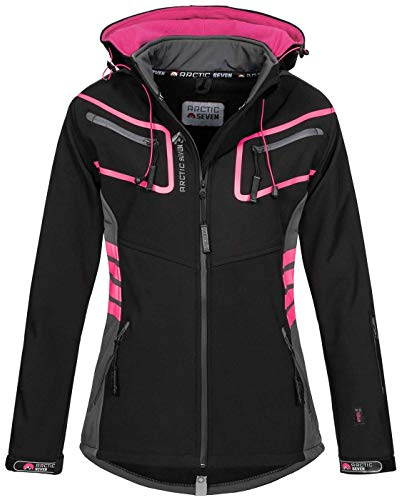 Arctic Seven Damen Softshell Funktions Outdoor Regen Jacke Sport Kapuze AS185 [AS-185-Schwarz-Grau-Gr.XS]