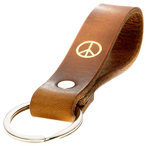 ELBERCRAFT® Schlüsselanhänger Leder PEACE Geschenk für Frauen oder Männer pflanzlich gegerbt braun mit gravur gold 12 cm made in Germany Leather Keychain