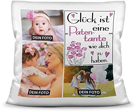 Tassendruck Kissen inkl. Kissenfüllung mit Fotocollage zum selbst Gestalten mit DREI Fotos und Spruch - Glück ist, eine Patentante wie Dich zu haben - Kissen Weiß, 40 x 40 cm