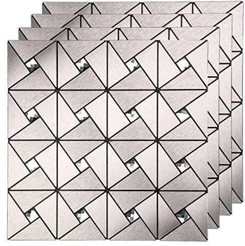 BMIDOT 4 Stück/Set selbstklebende Fliesenaufkleber Metall Mosaik Abziehen und Aufkleben Tapete Backsplash für Küche Badezimmer Wanddekoration 30 x 30 cm (Silber)