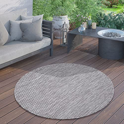Paco Home Outdoor Teppich für Terrasse Balkon & Garten Flachgewebe Sisaloptik Modern Einfarbig Meliert Wetterfest Pflegeleicht, Grösse:200 cm Rund, Farbe:Grau