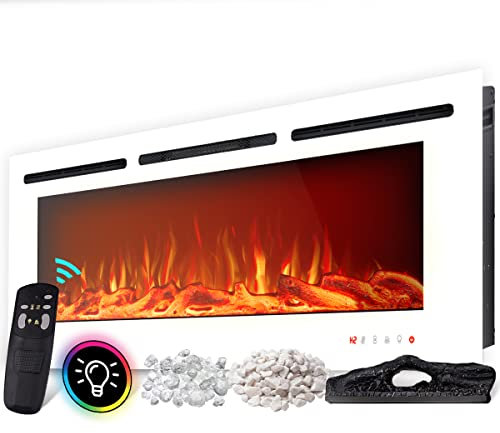 Heidenfeld Elektrokamin HF-WK200 | 𝟯 𝐉𝐀𝐇𝐑𝐄 𝐆𝐀𝐑𝐀𝐍𝐓𝐈𝐄 - Wandeinbau - 3in1 Deko Austausch - 1500 Watt - LED Farbwechsel - 3D Flammen - Wandkamin - Kaminofen (128.0 x 55.0 cm, Weiß)
