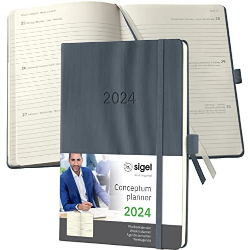 SIGEL C2466 Terminplaner Wochenkalender 2024, ca. A5, dunkelgrau, Hardcover, 192 Seiten, Gummiband, Stiftschlaufe, Archivtasche, PEFC-zertifiziert, Conceptum