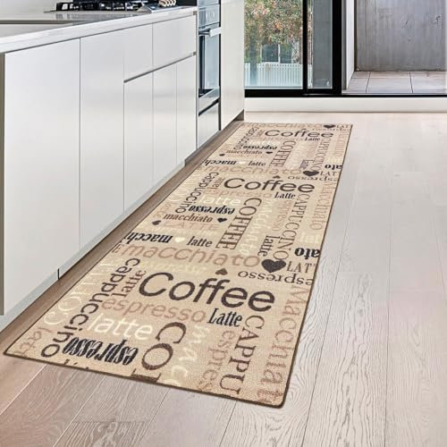 Teppich-Traum Küchenläufer in beige mit Gelrücken und schwarz braunem Schriftzug Coffee Cappuccino Espresso Macchiato, 80 x 150 cm
