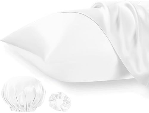 Seiwohl Satin Kissenbezug 40 x 80 2er Set, Weich wie Seidenkissenbezug Silk Pillowcase, Vegane Seide Kopfkissenbezug Kissenhülle Haarschutz für die Nacht mit Haargummi und Haarhaube, Weiß