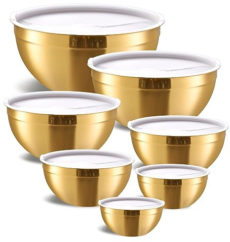 Moxinox Gold Mixing Bowls with Airtight Lids, Stainless Steel Nesting Mixing Bowls Set of 7, Ideal for Baking, Prepping and Serving Food, Size 7, 3.6, 2.7, 2.1, 1.5, 1.1,0.8 QT, Stackable Design