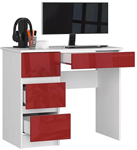 BDW Büroschreibtisch mit 4 Schubladen - Gamingtisch – Gaming Desk - Computertisch - Gaming Tisch – Gaming Schreibtisch - Kleiner Schreibtisch 90x77x50cm - Weiss/Rot Glänzend