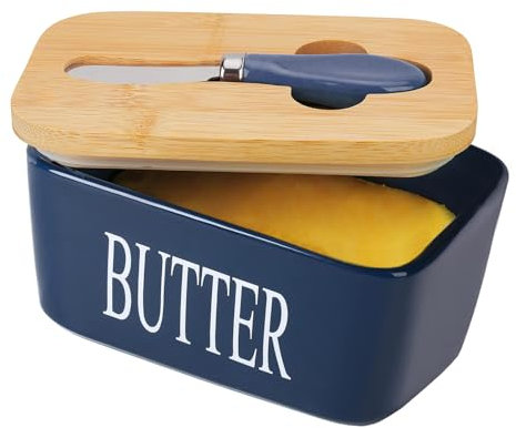 Beurrier avec couvercle, Chasechic, Beurrier et couteau en céramique avec couvercle, 500ML, récipient à beurre en céramique hermétique, bleu foncé