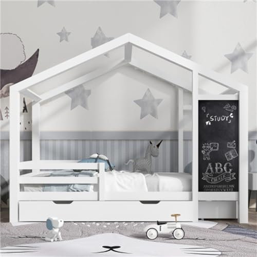 LAHTI Massivholz Kinderbett Hausbett 90 x 200 cm - Weiß, mit Schubladen, Tafel und Zaun, Tragfähigkeit 120 kg Holzbett