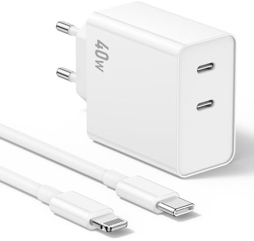 Dual USB C Schnellladegerät, 40W iPhone ladegerät netzteil USB c and 2M Lightning Ladekabel, [Apple MFi-Zertifiziert] ladegerät für iPhone 14 13 12 11 Pro Max XR XS X, iPad