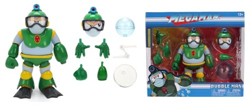 Jada Toys Mega Man Figur Bubble MAN (11,5 cm) - bewegliche Sammel- und Actionfigur aus der Videospiel-Serie Megaman, mit alternativem Kopf, Händen und Zubehör, für Fans & Sammler ab 13 Jahre