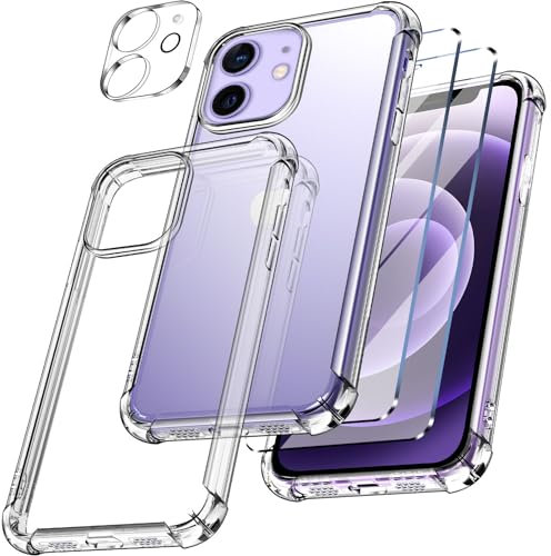 New&Teck Coque pour iPhone 12/12 Pro + 2X [Verre Trempé Protection écran] et [1x Caméra de Protection] en Transparent Silicone TPU Souple [Bumper avec Coins Renforcés], Protection Claire.