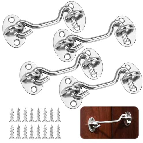4 Stück Sturmhaken mit Öse Edelstahl Kabinenhaken, 3inch/75 mm Türriegel Haken Türschloss mit Haken- und Ösenverschluss, Sturmhaken mit 16 Schrauben für Tor,Garage,Zaun,Fenster Oder Schuppen (Silber)