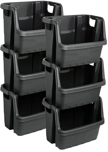 STAR SUPPLIES Pack Of 6 Strong Black Plastic Open Fronted Stacking Crates | Heavy Duty Storage Boxes