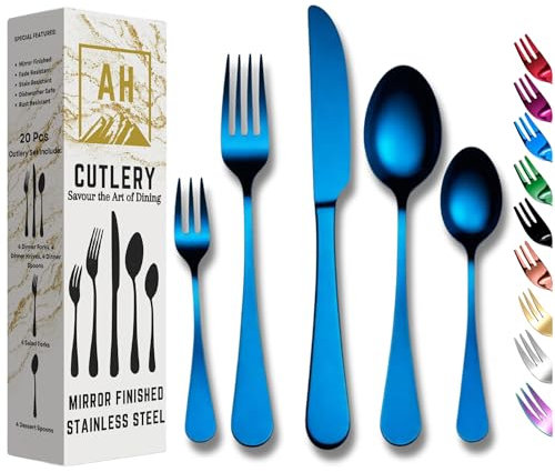 Cutlery Set in Dynamic Blue Colour: 20-Piece Set Service for 4, Premium Mirror Finish Tableware, Stainless Steel Flatware Serving Set - Dishwasher Safe Forks, Knives, and Spoons