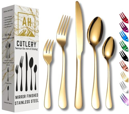 30 Piece Cutlery Set in Gold Colour Service for 6, Premium Mirror Finish Tableware, Stainless Steel Flatware Serving Set, Dishwasher Safe Forks, Knives, & Spoons, Ideal for Home, Parties & Gifting…