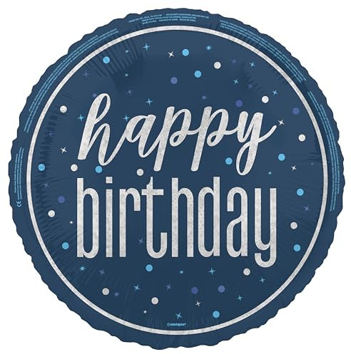 Unique 88083 Folienballon „Happy Birthday“ – 45 cm – Glitz Blaue Geburtstagsparty (1 Stück), Multicolour