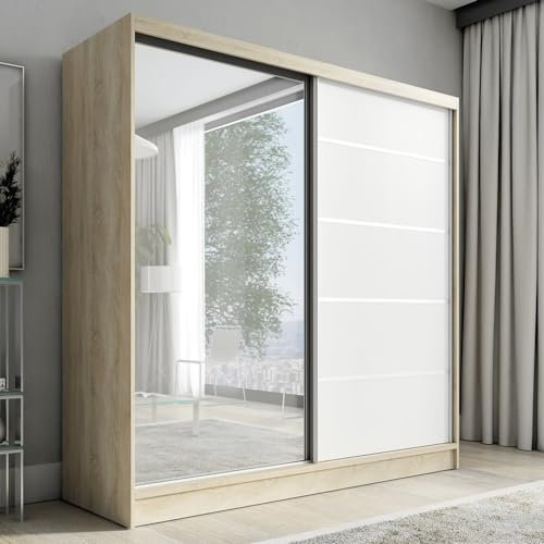A&J MöbelLand Schwebetürenschrank mit Spiegel, 2 Türen, 200 cm, Weiß (Sonoma/weiß)