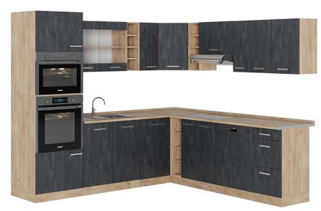 Vicco Eckküche R-Line, Schwarz Beton/Goldkraft Eiche, 237 x 247 cm ohne Arbeitsplatte