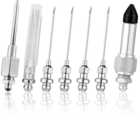 lasuroa 7pcs Grease Needle Accessory Set, Including 5 Grease Needle Nozzles 1 Grease Needle Dispenser 1 Rubber Nipple Adapter Grease Dispensing Tip Fitting Tool for Injecting