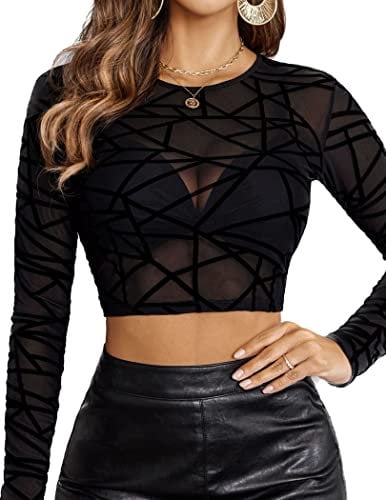 Avidlove Women's Crop Tops Slim Fit Long Sleeve T Shirt Basic Top Casual Shirts Y2K Tight Blouse Fashion Clothing Summer Party Club UK Black/Line XL