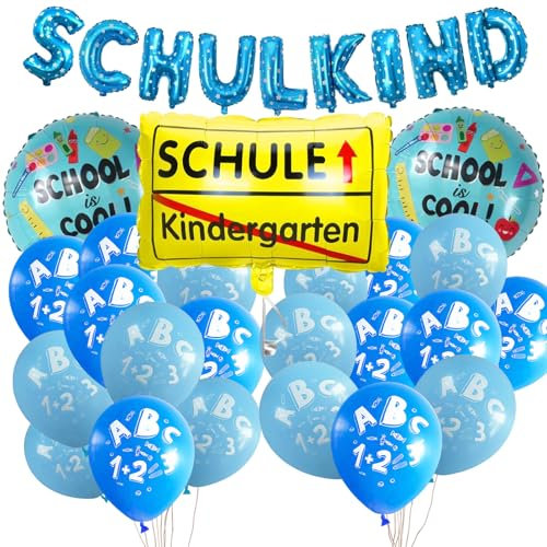 Einschulung Schuleinführung Schulanfang Deko Set für Jungen, Geschenk Einschulung Junge Deko Blau, SCHULKIND Banner + 20 Luftballon+ HURRA SCHULKIND Schulanfang Folienballon+SCHULE Kindergarten Ball