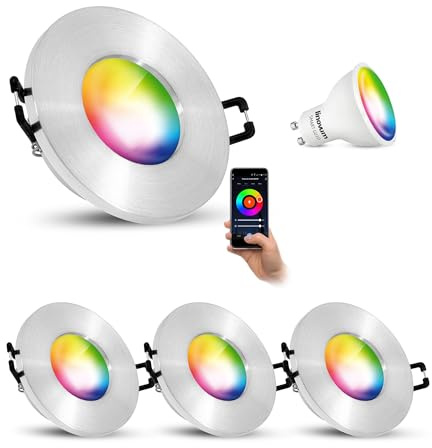 linovum ISASO Einbauspot 4er Set rund IP65 Alu Smart GU10 LED WLAN RGBW | Vier Deckenspots IP65 Alu gebürstet - per App & Alexa steuerbar, RGB & Weißtöne, für Bad & Flur, inkl. GU10 LED