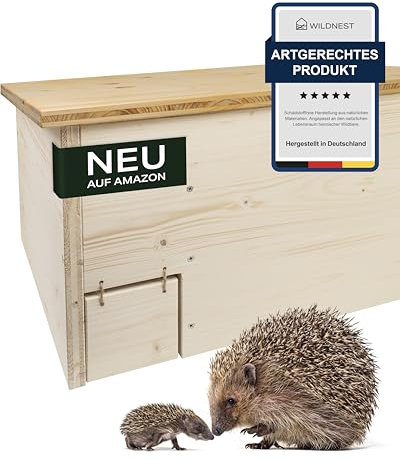 Wildnest Igelhaus mit Rattenklappe XXL - Igelfutterhaus Outdoor für Igel, Deutsche Herstellung durch Lebenshilfe (58 x 42 x 32 cm)