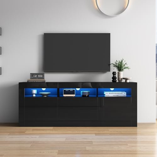 BTM Meuble TV Moderne, Banc TV Bois avec LED Ajustables, Meuble TV Noir avec 3 Compartiments, 2 Portes et 2 Tiroirs pour Salon, Amoire TV pour Charge de 70-79 Pouces, 160x35x60cm