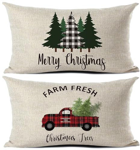 Lumbar Pillow Cover, Farmhouse Office Room Home Decor Throw Pillow Case Decorations Retro Linen Decorative Rectangle Cushion Cover Xmas Christmas Décor Tree Truck 50x30cm, 2pcs