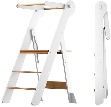 COSYLAND Kinder Lernturm klappbar - Faltbarer Holz Learning Tower - 2-Fach höhenverstellbar Küchenhelfer für Kinder von 18 Monaten bis 6 Jahren für Badezimmer, Kinderzimmer, Küche - Weiß Und Holzfarbe