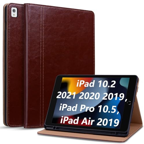 ONETHEFUL Case for iPad 9th/8th/7th Generation (2021/2020/2019) with Pencil Holder, PU Leather Tablet Cover for iPad 10.2/iPad Air 3/iPad Pro 10.5 Case with Stand and Auto Wake/Sleep, Brown