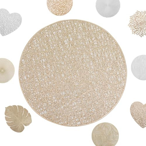 MORAINJAY 2 Pezzi Tovagliette Tonde,38cm PVC Tovaglietta Oro Hollow,Modello Intrecciato Rotondo Tovaglietta Antiscivolo Lavabili per Matrimonio,Ristorante,Hotel Table Decorativo